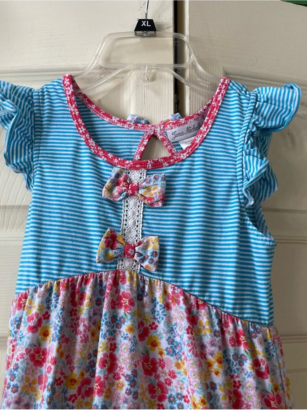 Girls Blue & Pink Floral Ruffle Tiered Dress